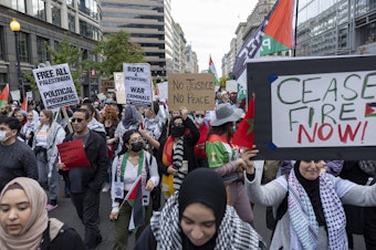 caption: People march during a pro-Palestinian demonstration in Washington on Saturday.