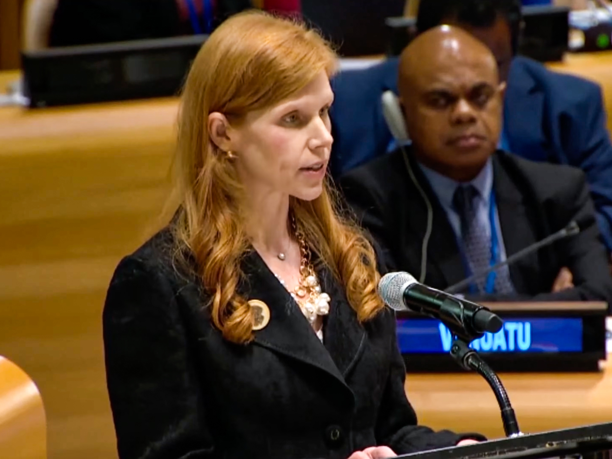 caption: Bethany Kozma speaks to a U.N. meeting in September 2025. She has just been named to lead the Department of Health and Human Services Office of Global Affairs — a job known as the "diplomatic voice" of HHS.