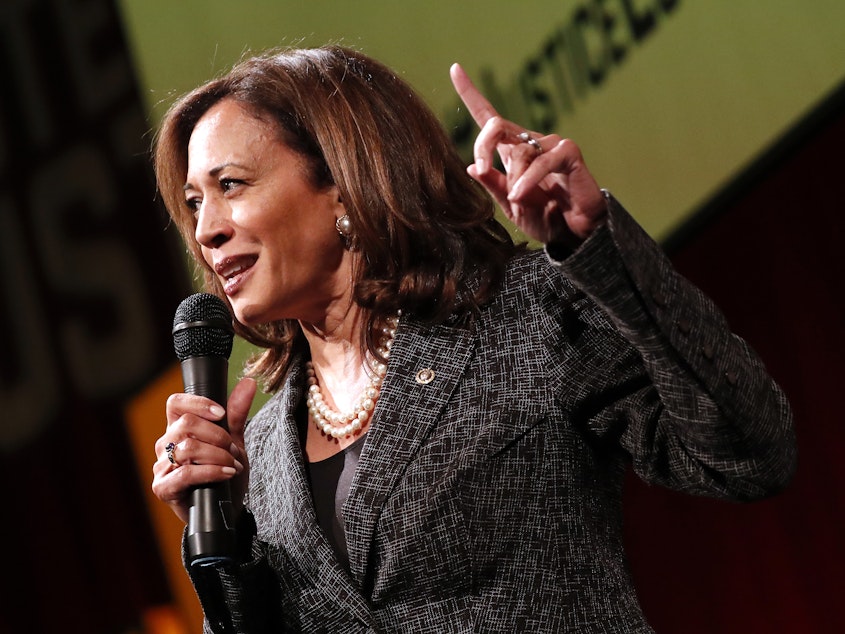 caption: Sen. Kamala Harris, D-Calif., speaks at Vote For Justice: An Evening of Empowerment with activists and artists at the Newseum in May 2018.