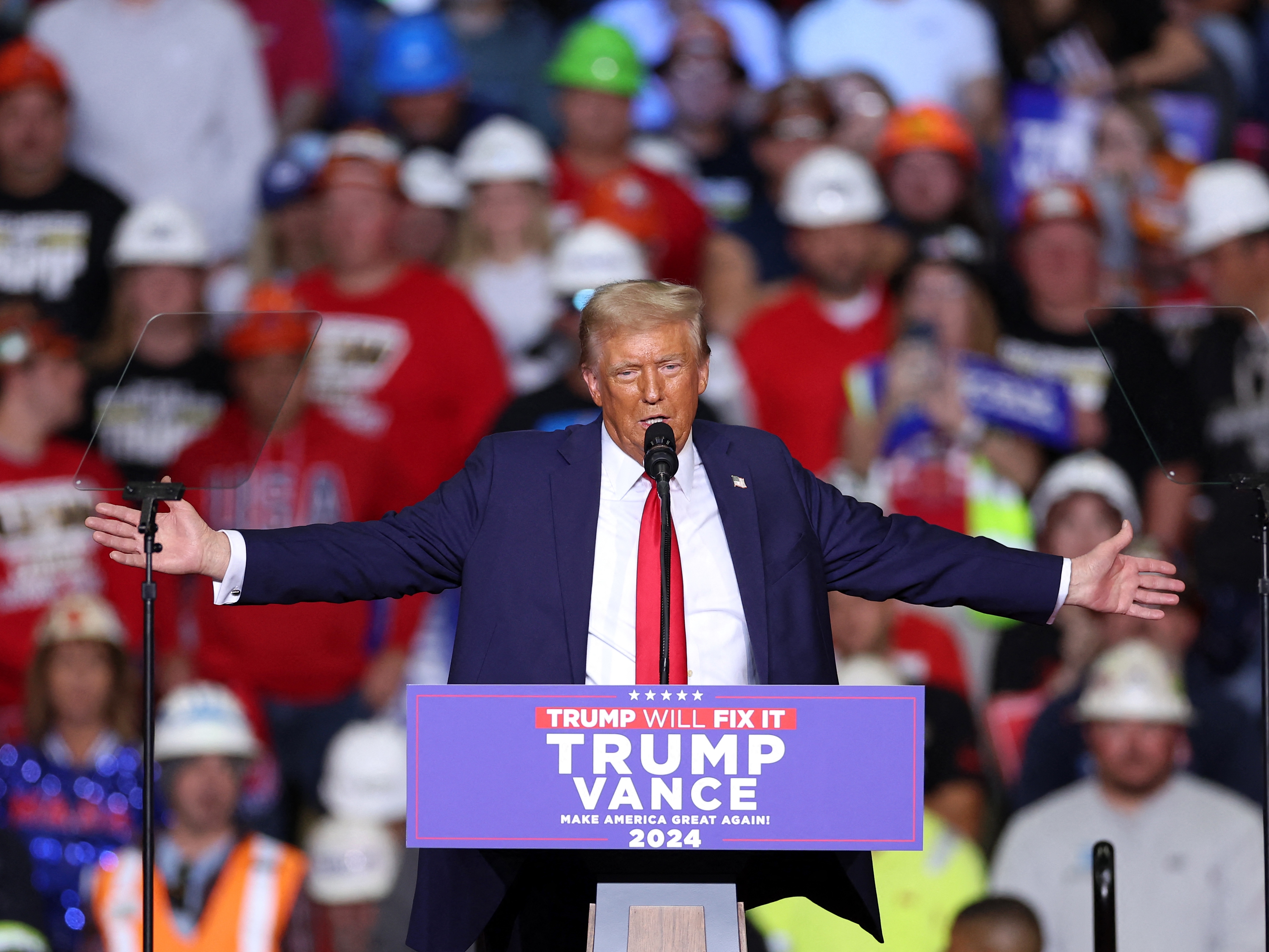 caption: Former President Donald Trump speaks during his penultimate campaign rally the day before the 2024 election in Pittsburgh, Pa. on Nov. 4.