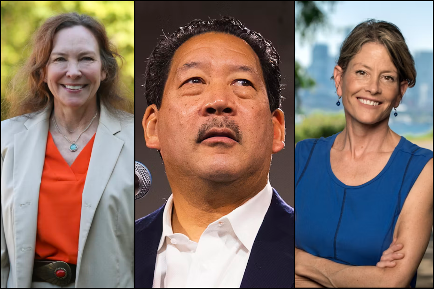 caption: Seattle incumbent City Attorney Ann Davison, Mayor Bruce Harrell, and City Council President Sara Nelson were behind their more progressive competitors on primary election night, Aug. 5, 2025.