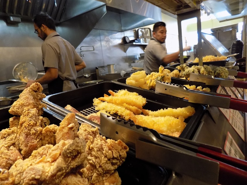 caption: Tempura is often served with Japanese noodles. At U:don in Seattle's University District, customers are also offered tempura flakes as topping.