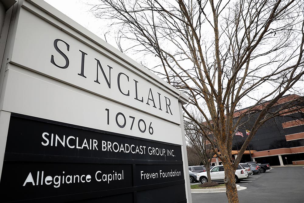 caption: The headquarters of the Sinclair Broadcast Group is shown April 3, 2018 in Hunt Valley, Maryland. The company, the largest owner of local television stations in the United States, has drawn attention recently for repeating claims by U.S President Donald Trump that traditional television and print publications offer "fake" or biased news.  (Win McNamee/Getty Images)