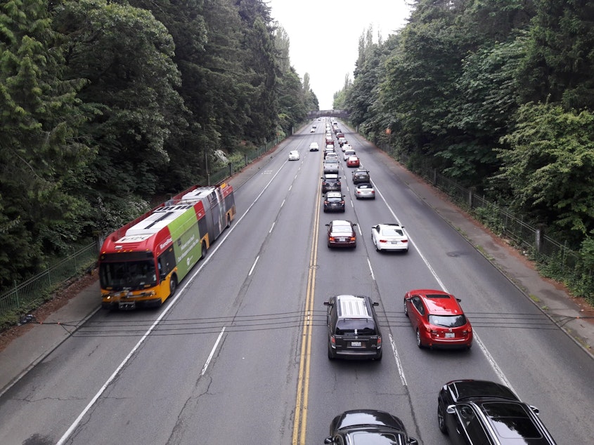 caption: North Seattle traffic headed for downtown in the fall of 2018.