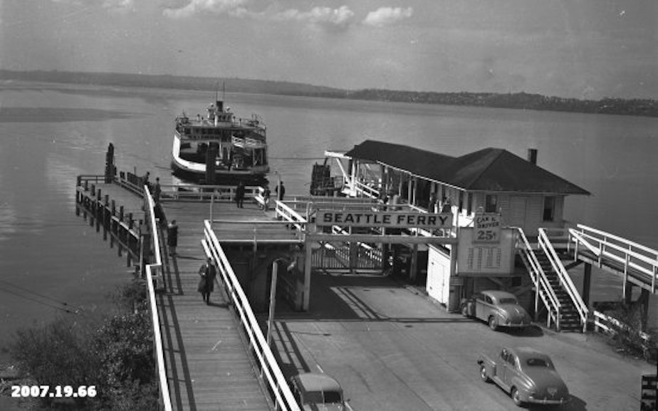 caption: The ferry Leschi arrives at the Kirkland dock on Lake Washington in April 1946.