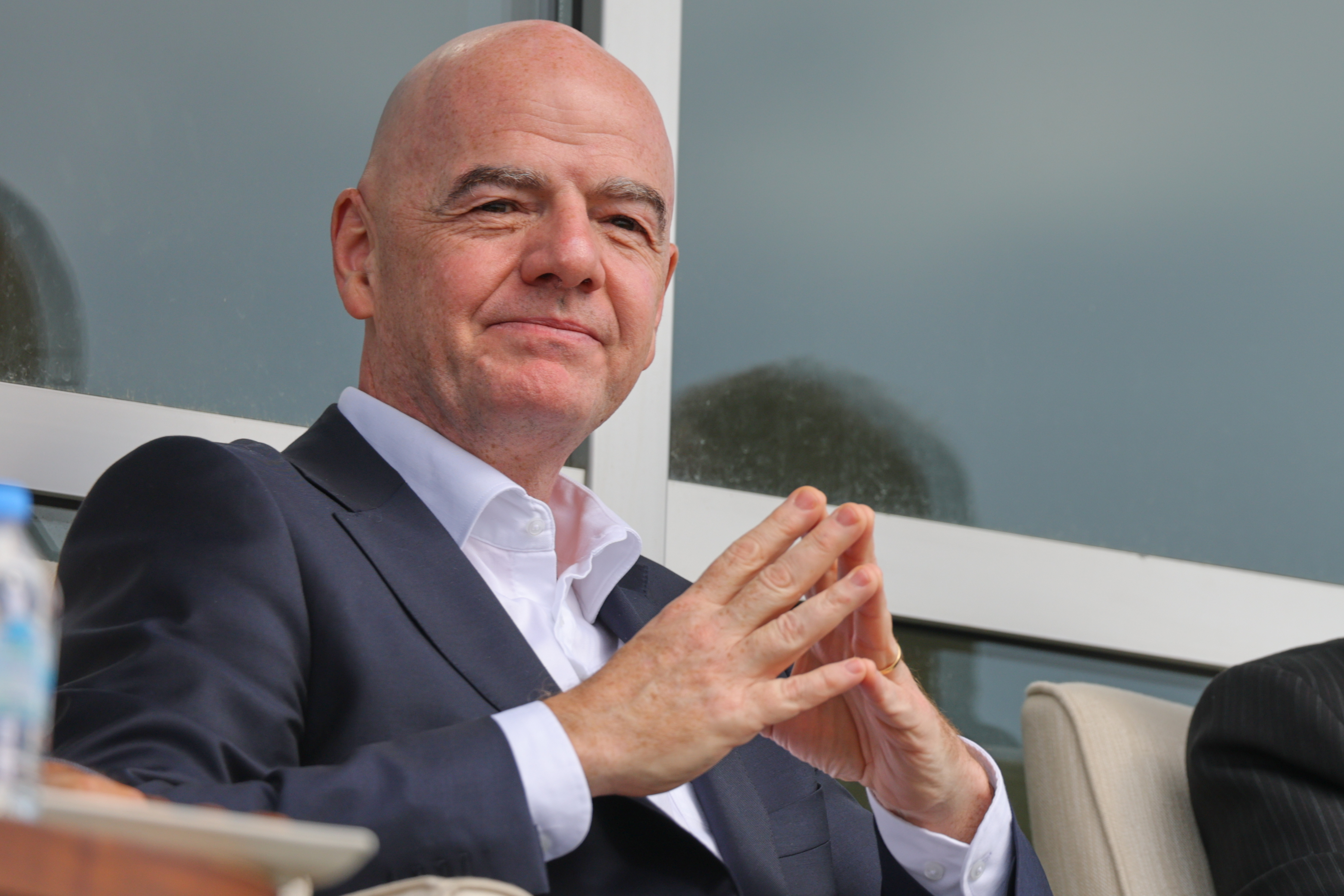 caption: FIFA President Gianni Infantino follows a friendly soccer match between Iran and Costa Rica, in Antalya, southern Turkey, Tuesday, March 31, 2026. 
