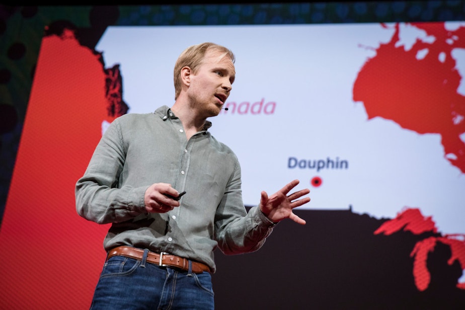 caption: Rutger Bregman speaks at TED2017, in Vancouver, British Columbia, Canada. (Bret Hartman/Courtesy of TED via Flickr)
