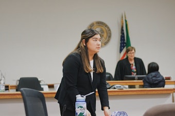 caption: Sancha Gonzalez participates in Mock Trial and prepares her statement to prove that her client is not guilty.