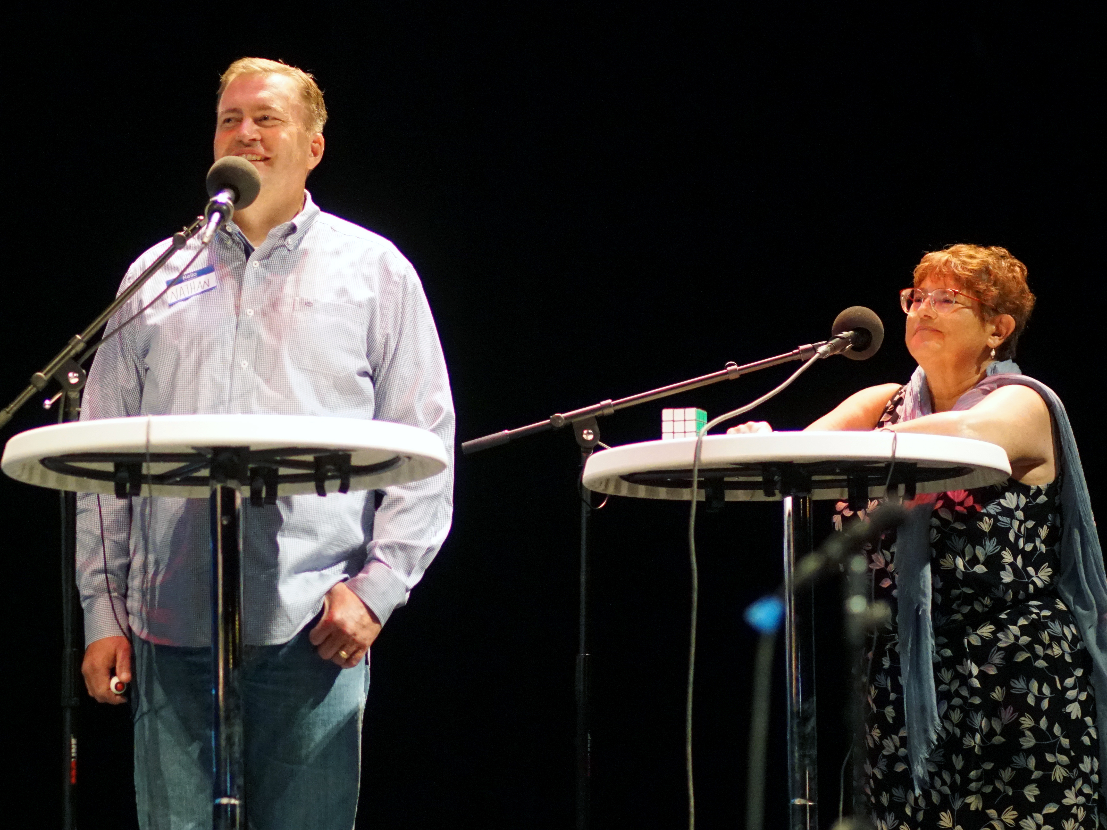 caption: Contestants Nathan Kroll and Gloria Alvarez appear on <em>Ask Me Another </em>at Cullen Performance Hall at the University of Houston, in Houston, Texas.