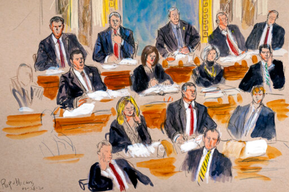 caption: This artist sketch depicts the Republican side of the Senate during defense arguments in the impeachment trial of President Donald Trump on charges of abuse of power and obstruction of Congress, at the Capitol in Washington, Tuesday, Jan. 28, 2020. 