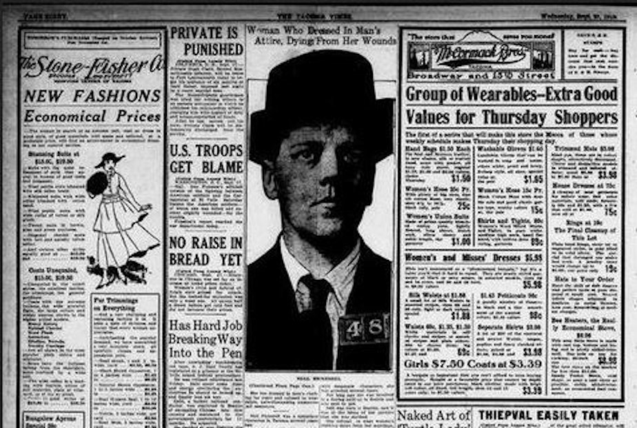 caption: A police mug shot of Nell Pickerell, also known as Harry Allen. Nell was a dapper dresser and notorious heartbreaker in Seattle in the early 1920s.