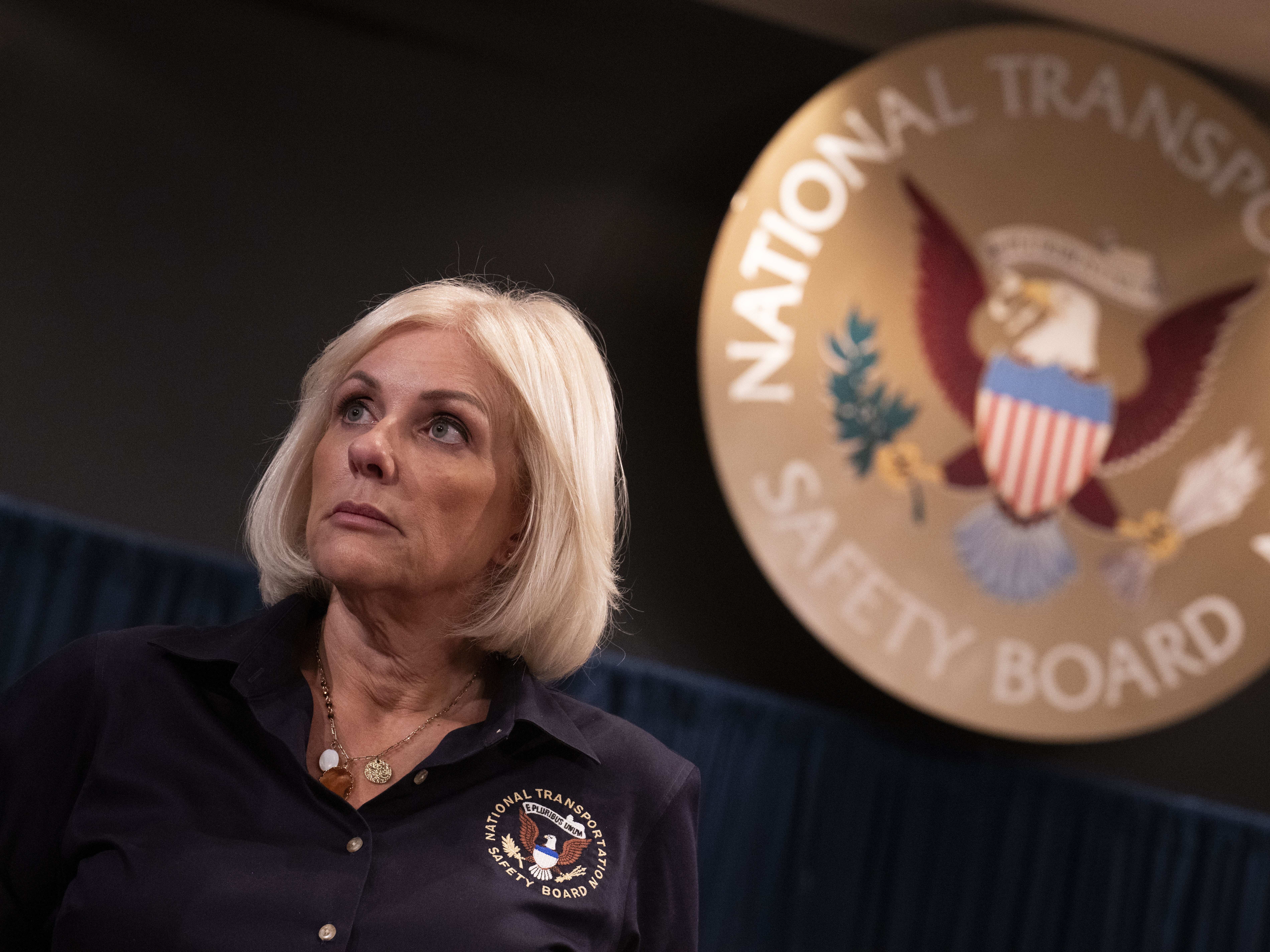 caption: National Transportation Safety Board chairwoman Jennifer Homendy gave a strong rebuke of a defense authorization bill that rolls back safety improvements. The board recommended the changes after the January collision of a military Black Hawk helicopter and an American Airlines regional jet near Ronald Reagan Washington National Airport, killing 67 people.