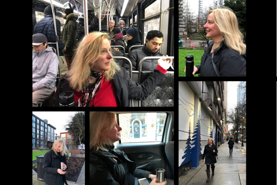 caption: Liz MacGahan on some of her many commutes to work in downtown Seattle
