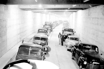 caption: The Battery Street Tunnel in downtown Seattle in 1954 during a carbon monoxide test. The tunnel will come down this year with the Alaskan Way Viaduct.