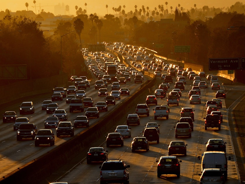 caption: Traffic clogs Highway 101 as people leave work in Los Angeles on Aug. 29, 2014.