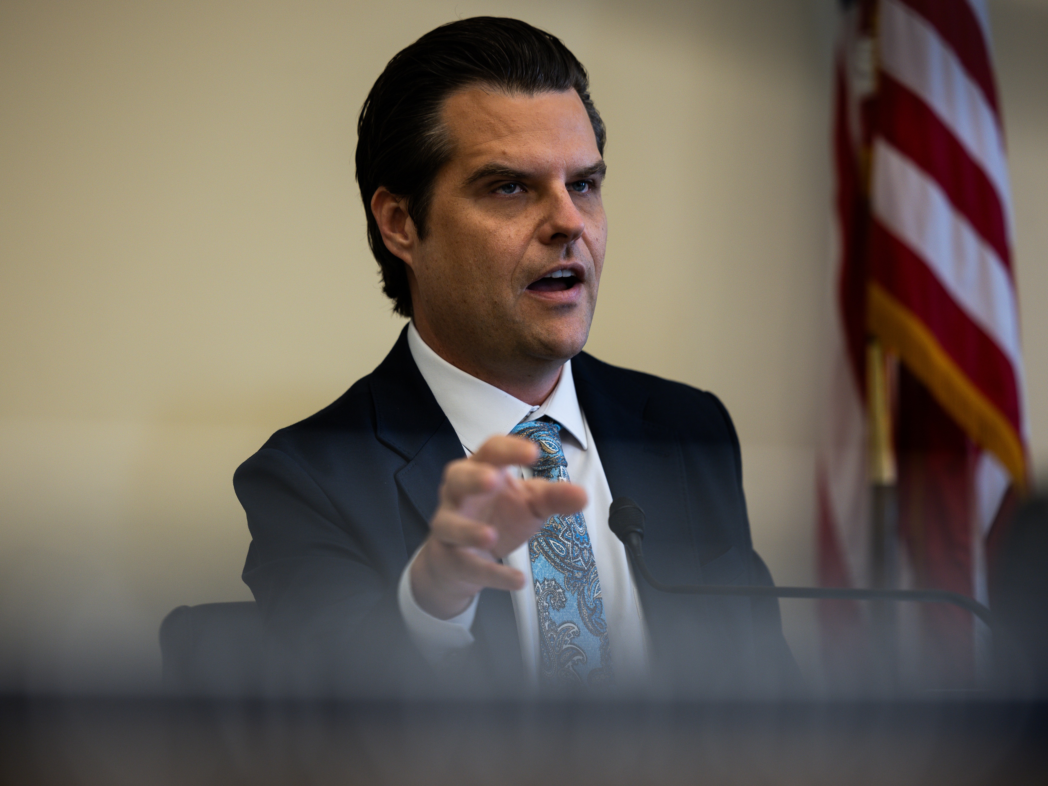 caption: Then-Rep. Matt Gaetz (R-Fla.) speaks during a committee hearing on July 23, 2024 in Washington, D.C.