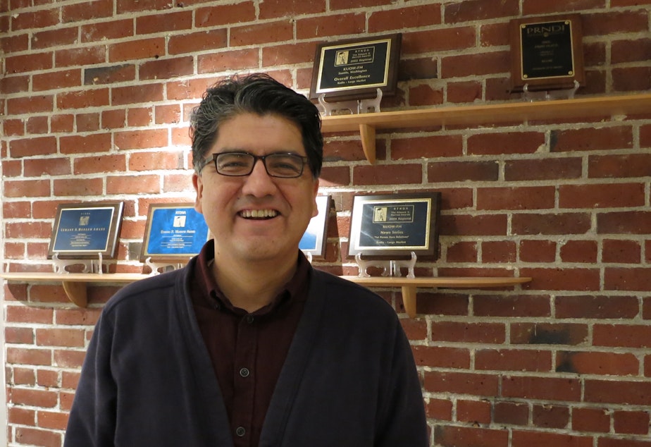 caption: Author Sherman Alexie in the KUOW studios.