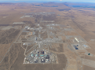 caption: A 2021 aerial photo of Hanford’s 200 Area, which houses the tanks and under-construction Waste Treatment Plant, in southeast Washington.