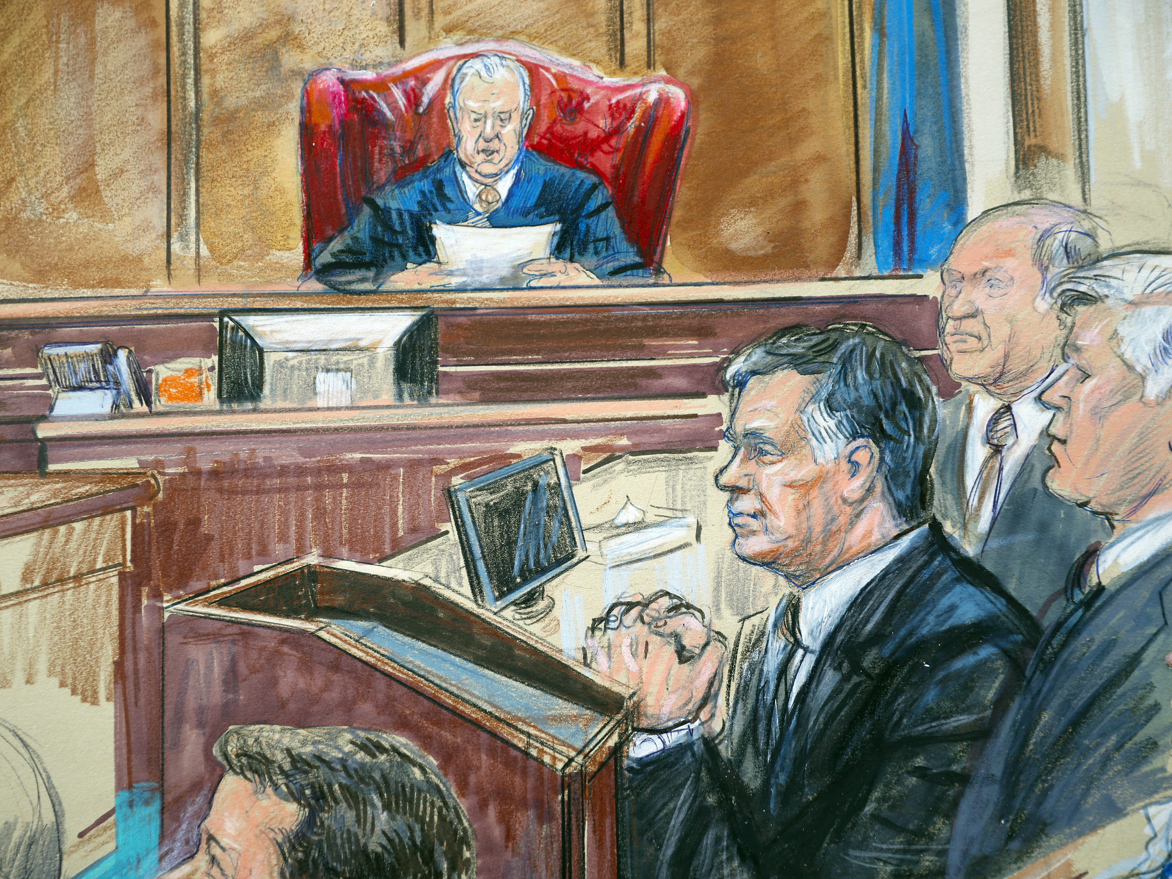 caption: This courtroom sketch shows Paul Manafort listening to U.S. District court Judge T.S. Ellis III at federal court in Alexandria, Va., in August 2018. Manafort is being sentenced on Thursday.