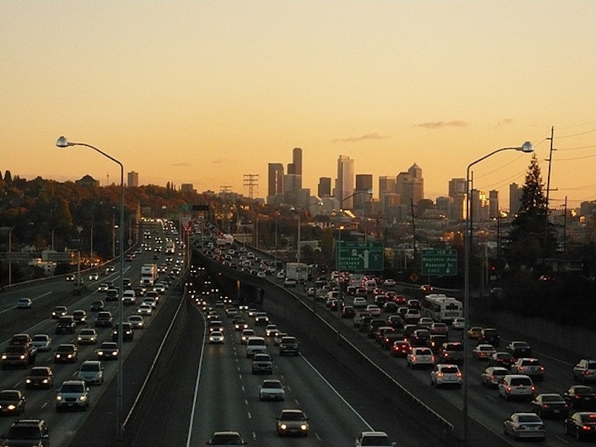 caption: At least there's a beautiful sunset to look at when you're stuck in Seattle traffic.