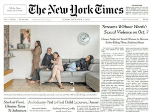caption: <em>The New York Times</em> report on Dec. 31, 2023, about the deadly Hamas attacks caused a rift in the newsroom. For example, a relative of the late Gal Abdush, whose family is shown above in a large front-page photograph, later voiced doubts, helping to fuel skepticism around the report.