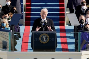 caption: President Biden delivers his inaugural address after being sworn in as the 46th president.