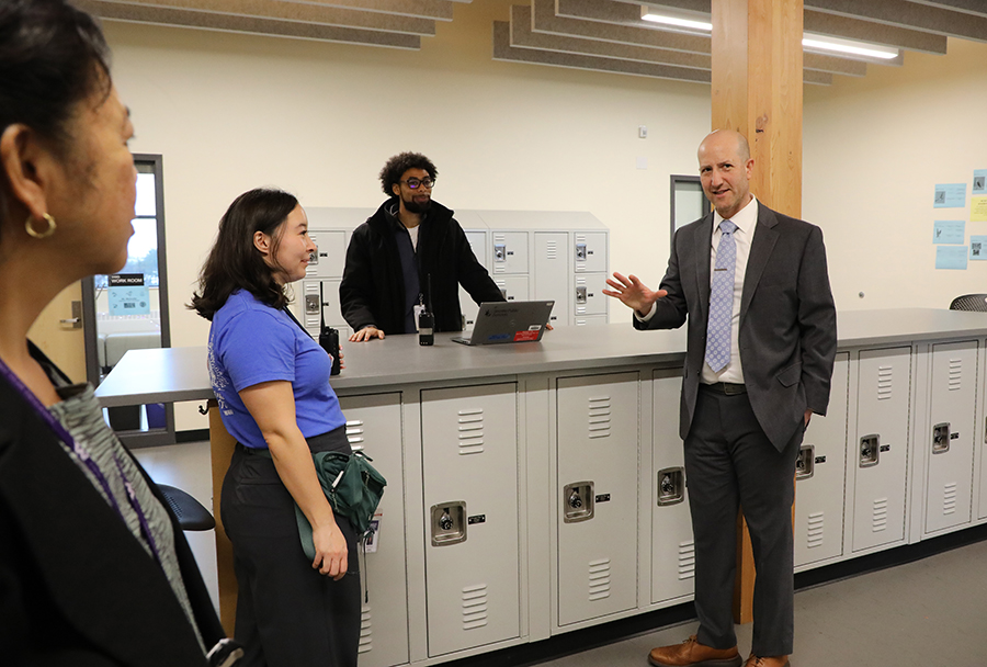 caption: Seattle Public Schools Superintendent Ben Shuldiner chats with staff on his first official day with the district on Monday, Feb. 2, 2026.