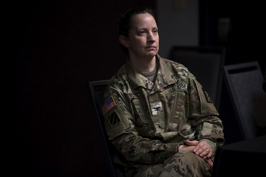 caption: Col. Laura Elliott, commander of the 62nd Medical Brigade stationed at Joint Base Lewis-McChord attends a press conference on Tuesday, March 31, 2020, at the CenturyLink Field Event Center in Seattle. “We could be here sixty days; we could be here six months," said Col. Elliott. 