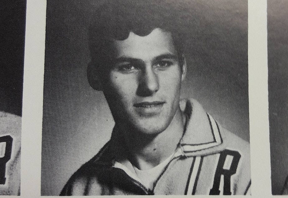 caption: A photo of Gov. Jay Inslee, a senior and forward on the varsity basketball team, in the 1969 Ingraham High School yearbook.