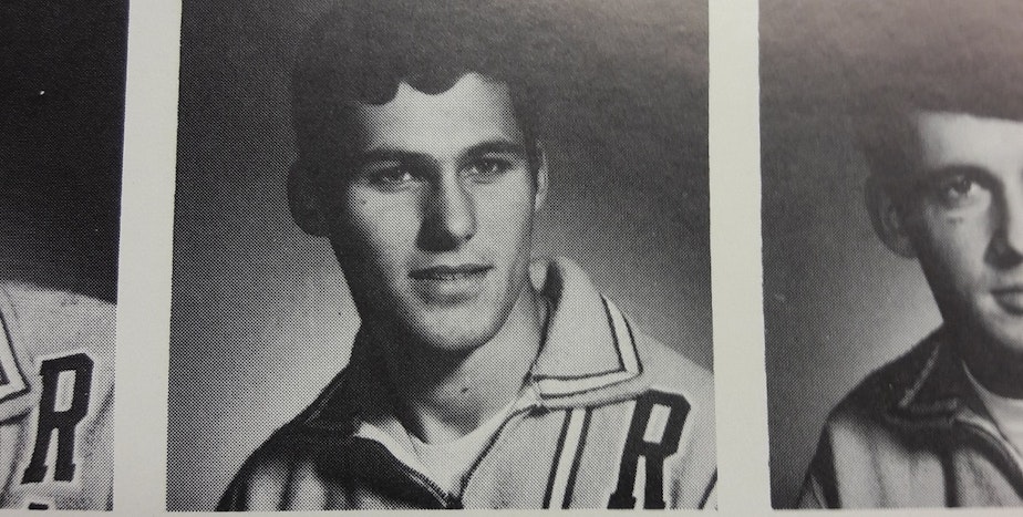 caption: A photo of Gov. Jay Inslee, a senior and forward on the varsity basketball team, in the 1969 Ingraham High School yearbook.
