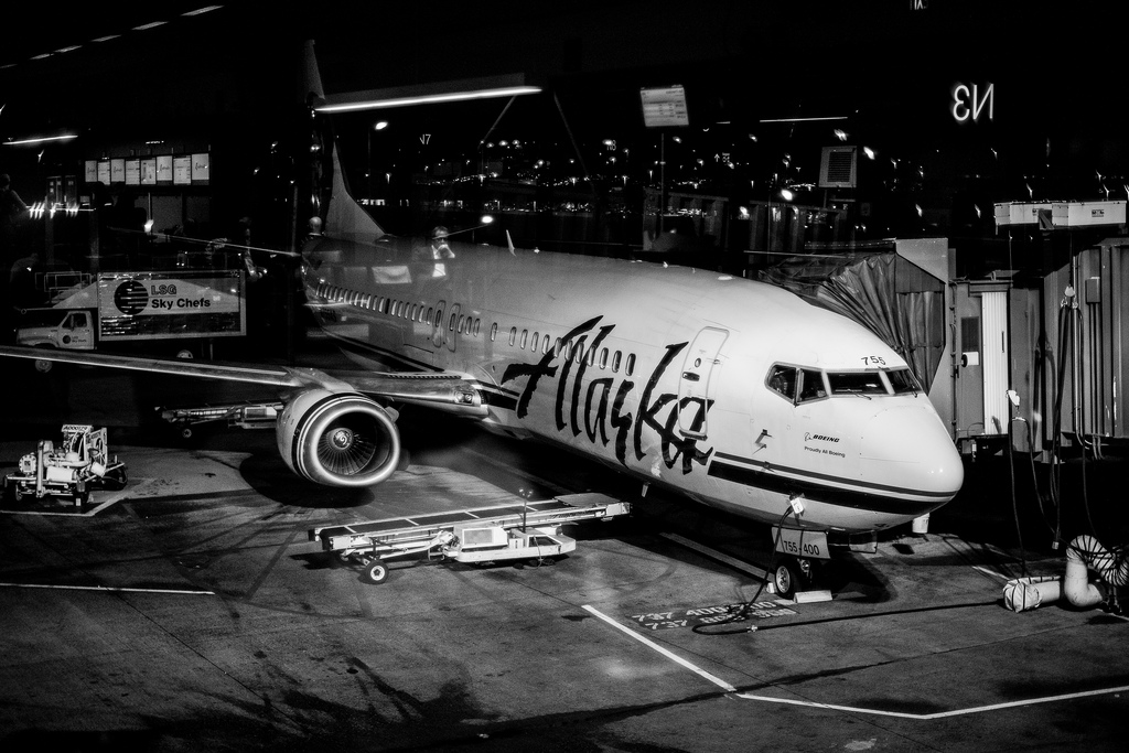 caption: Alaska plane at Sea-Tac Airport.