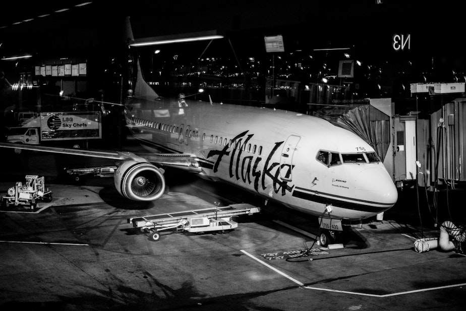 caption: Alaska plane at Sea-Tac Airport.