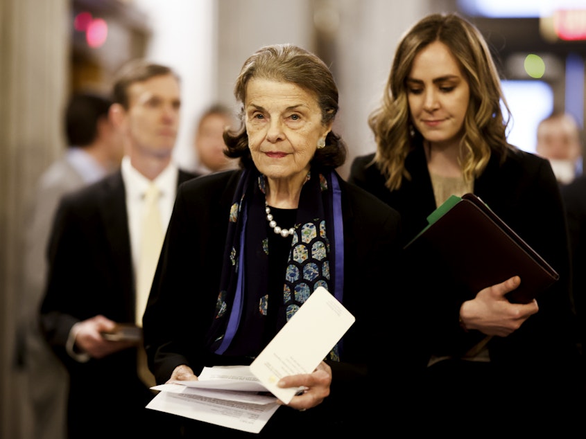 caption: Sen. Dianne Feinstein has been receiving treatment for shingles in California, keeping her from returning to Washington. She's seen here in the U.S. Capitol Building in February — the last month in which she cast a Senate vote.