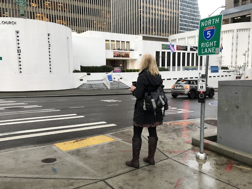 caption: Liz MacGahan on her morning walk commute.