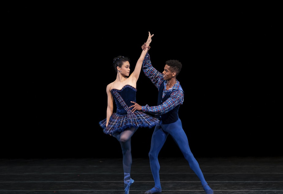 caption: Pacific Northwest Ballet principal dancers Angelica Generosa and Jonathan Batista in Twyla Tharp’s Brief Fling. 