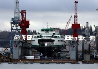 caption: The state ferry Spokane was in drydock at its birthplace, the Vigor shipyard, as 2023 began. 
