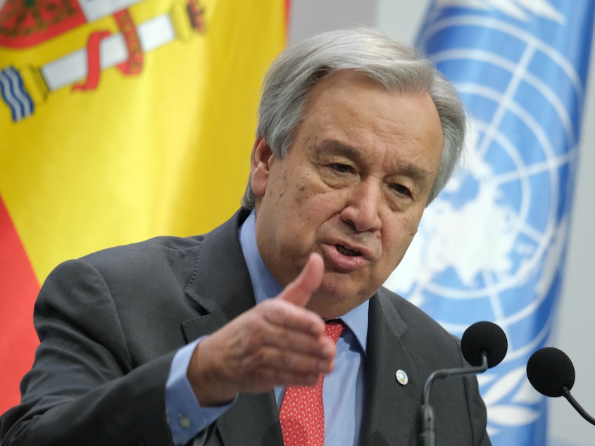 caption: United Nations Secretary-General António Guterres at the opening day of the COP25 climate conference on Monday in Madrid.