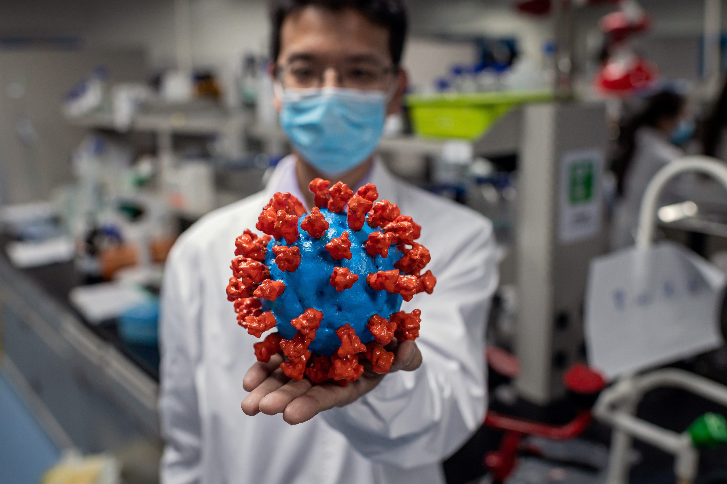 caption: In this picture taken on April 29, 2020, an engineer shows a plastic model of the COVID-19 coronavirus at the Quality Control Laboratory at the Sinovac Biotech facilities in Beijing.(NICOLAS ASFOURI/AFP via Getty Images)
