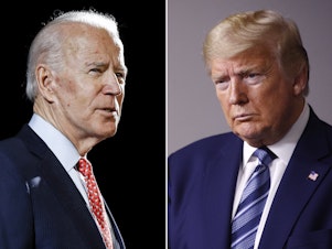 caption: In this combination of file photos, Joe Biden speaks in Wilmington, Del., on March 12, 2020, and Donald Trump speaks at the White House on April 5, 2020.