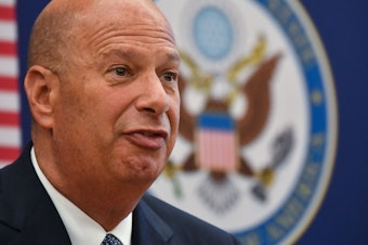 caption: Gordon Sondland, the United States ambassador to the European Union, addresses the media during a press conference at the U.S. Embassy to Romania in Bucharest in September. Sondland is speaking to House investigators on Thursday.