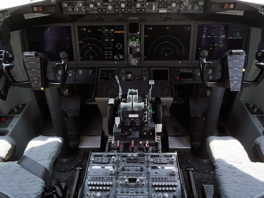 caption: The cockpit of a grounded Lion Air Boeing 737 Max 8 aircraft is seen on March 15.