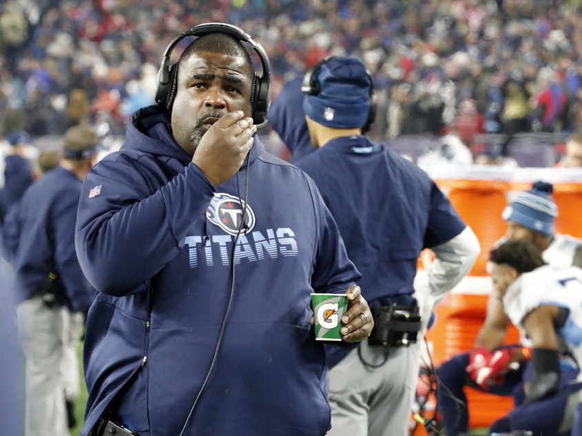 caption: The Tennessee Titans' Mike Vrabel announced Monday that Terrell Williams, their assistant head coach and defensive line assistant, will serve as acting head coach Saturday during the Titans' preseason opener in Chicago. Here, Williams is seen during an AFC Wild Card game against the New England Patriots on Jan. 4, 2020, at Gillette Stadium in Foxborough, Mass.