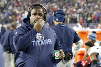caption: The Tennessee Titans' Mike Vrabel announced Monday that Terrell Williams, their assistant head coach and defensive line assistant, will serve as acting head coach Saturday during the Titans' preseason opener in Chicago. Here, Williams is seen during an AFC Wild Card game against the New England Patriots on Jan. 4, 2020, at Gillette Stadium in Foxborough, Mass.