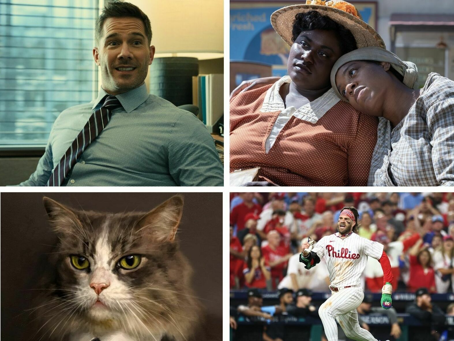 caption: Clockwise from left:<em> Cocaine Bear, </em>Luke Macfarlane in <em><em>Platonic,</em></em> Danielle Brooks and Fantasia Barrino in<em> The Color Purple, </em>Bryce Harper of the Philadelphia Phillies<em>, </em>the cover of the book <em>Starter Villain,</em> Jessica Williams in<em> Shrinking.</em>