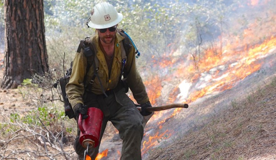 caption: <p>A member of the Wolf Creek Hotshots uses a drip torch to ignite the forest floor during a prescribed burn near Sisters, Oregon.</p>