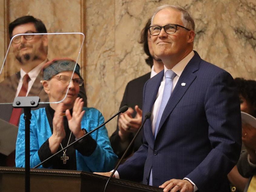 caption: Washington Gov. Jay Inslee gave his final State of the State address Tuesday, Jan. 9, 2024, highlighting policy wins during his time as governor and urging lawmakers to continue making progress on key problems plaguing the state.