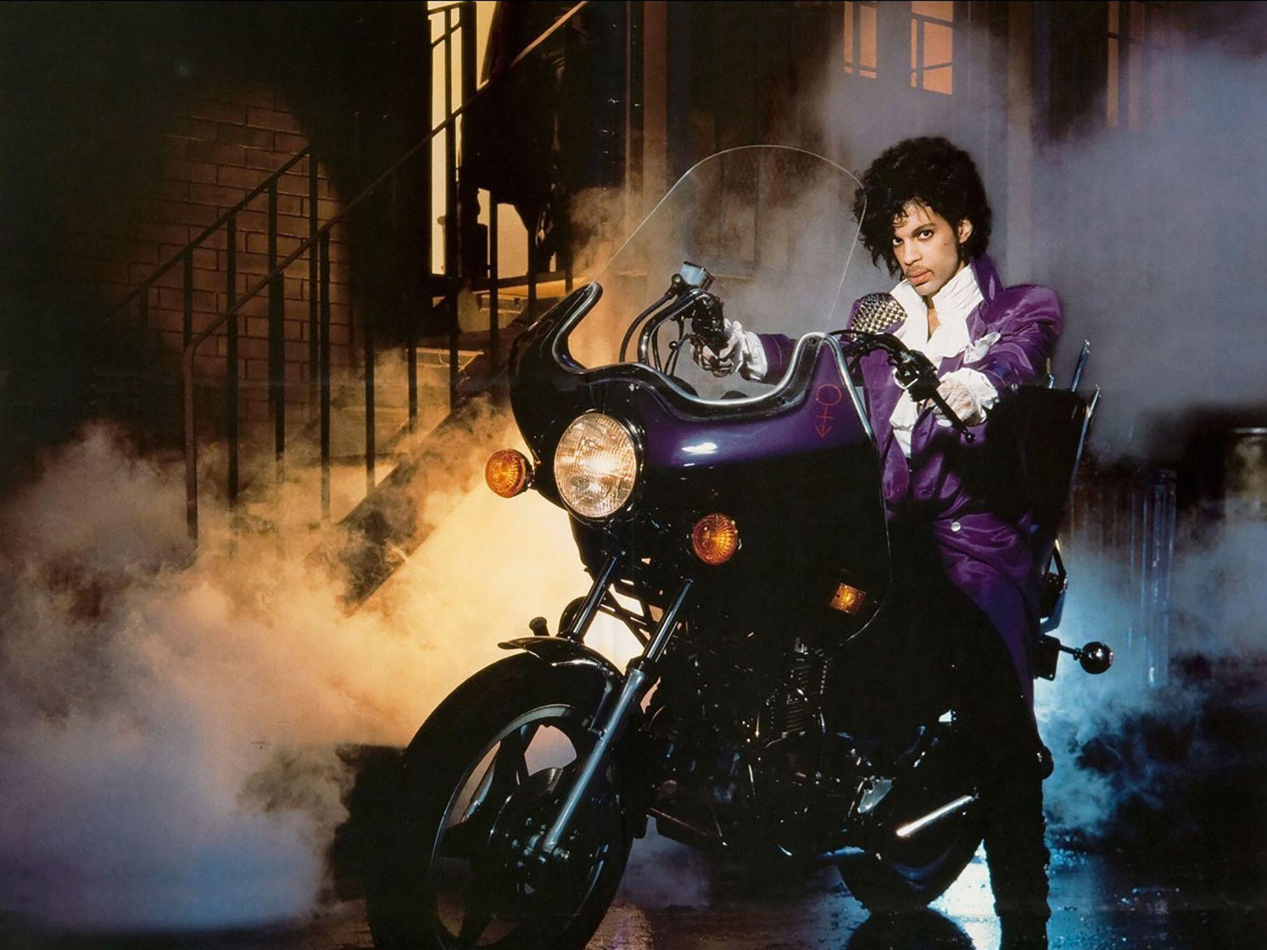 caption:  Prince on the custom motorcycle featured in <em>Purple Rain. </em>