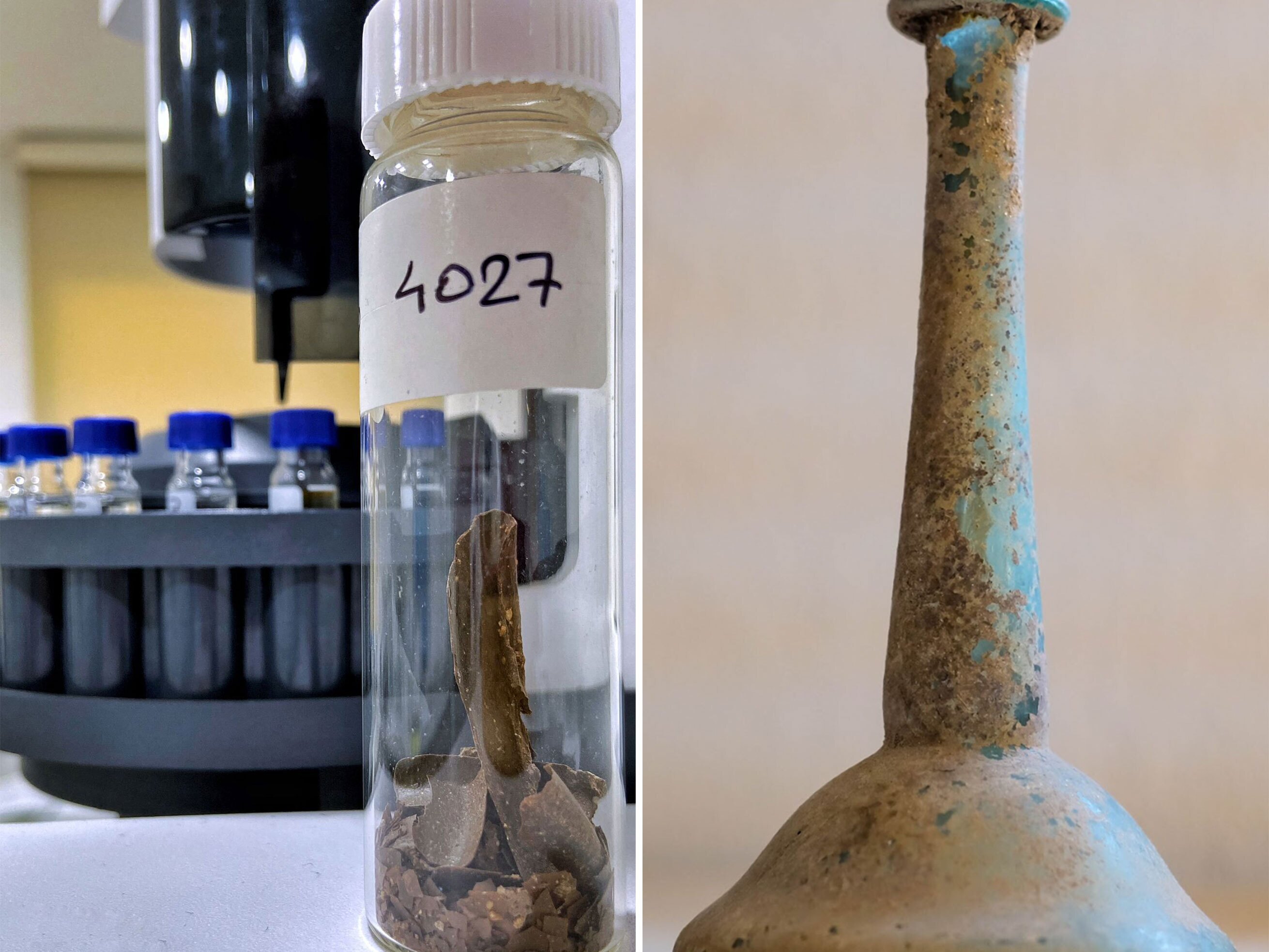 caption: Researchers scraped residue from ancient Roman bottles and discovered what might have been a medical concoction.