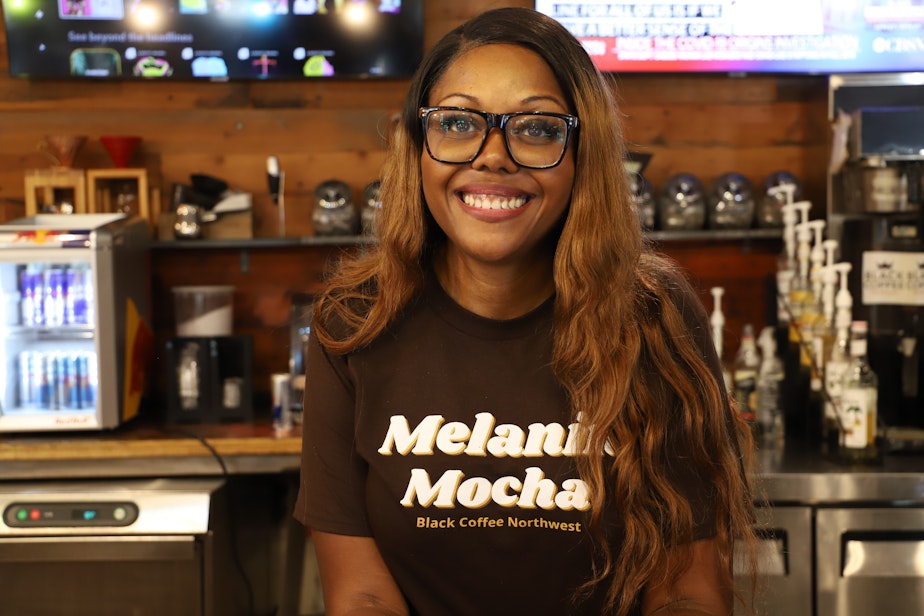caption: Darnesha Weary, co-owner of Black Coffee Northwest in Shoreline, WA, poses for a portrait, July 1, 2021. 