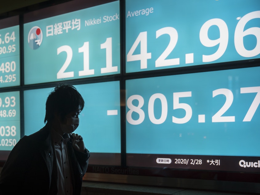 caption: A pedestrian walks past an electronic board displaying the closing figure of the Nikkei Stock Average in Tokyo on Friday. The Nikkei 225 dropped 3.67% on Friday as a growing number of events and sporting fixtures are being cancelled or postponed around Japan while some businesses are closing or asking their employees or work from home due to the coronavirus.